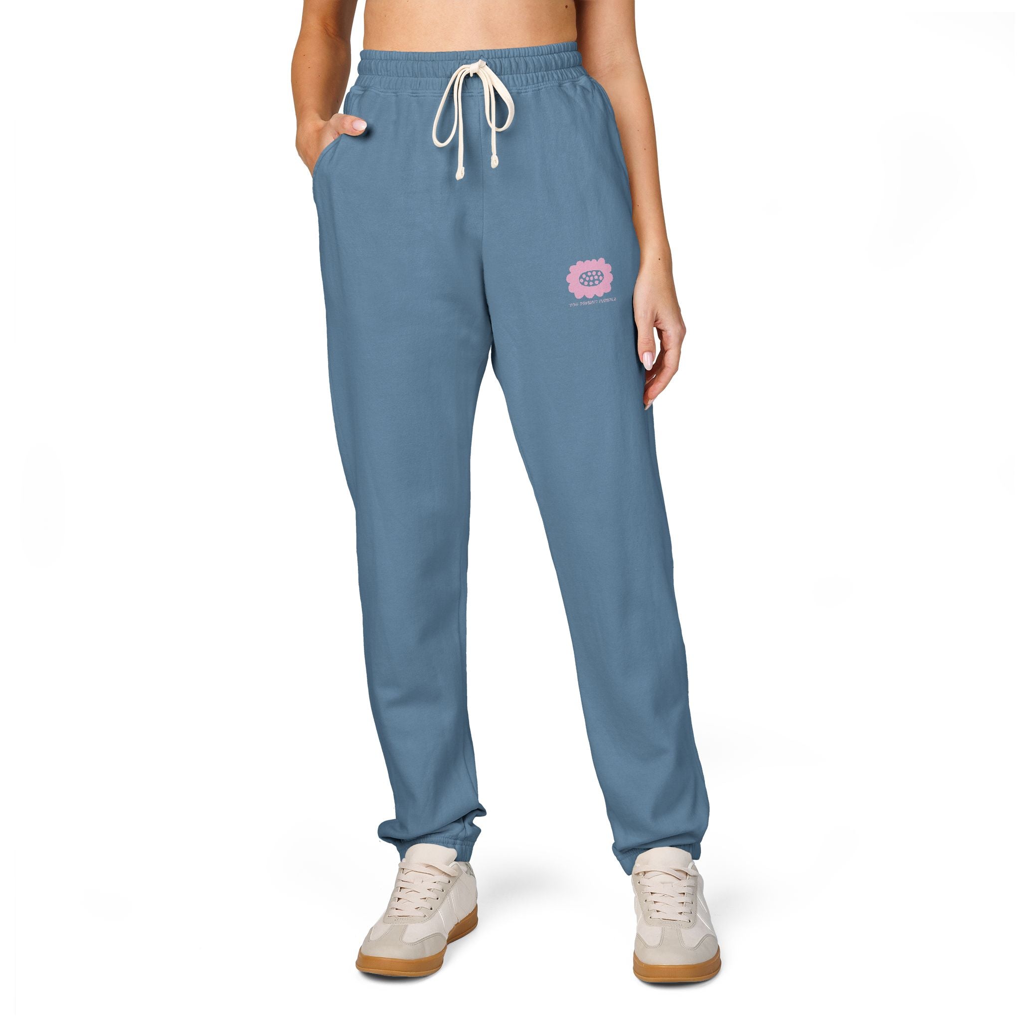 Embroidered Pink Flower Sweatpants — Cozy Garment-Dyed Fleece Joggers