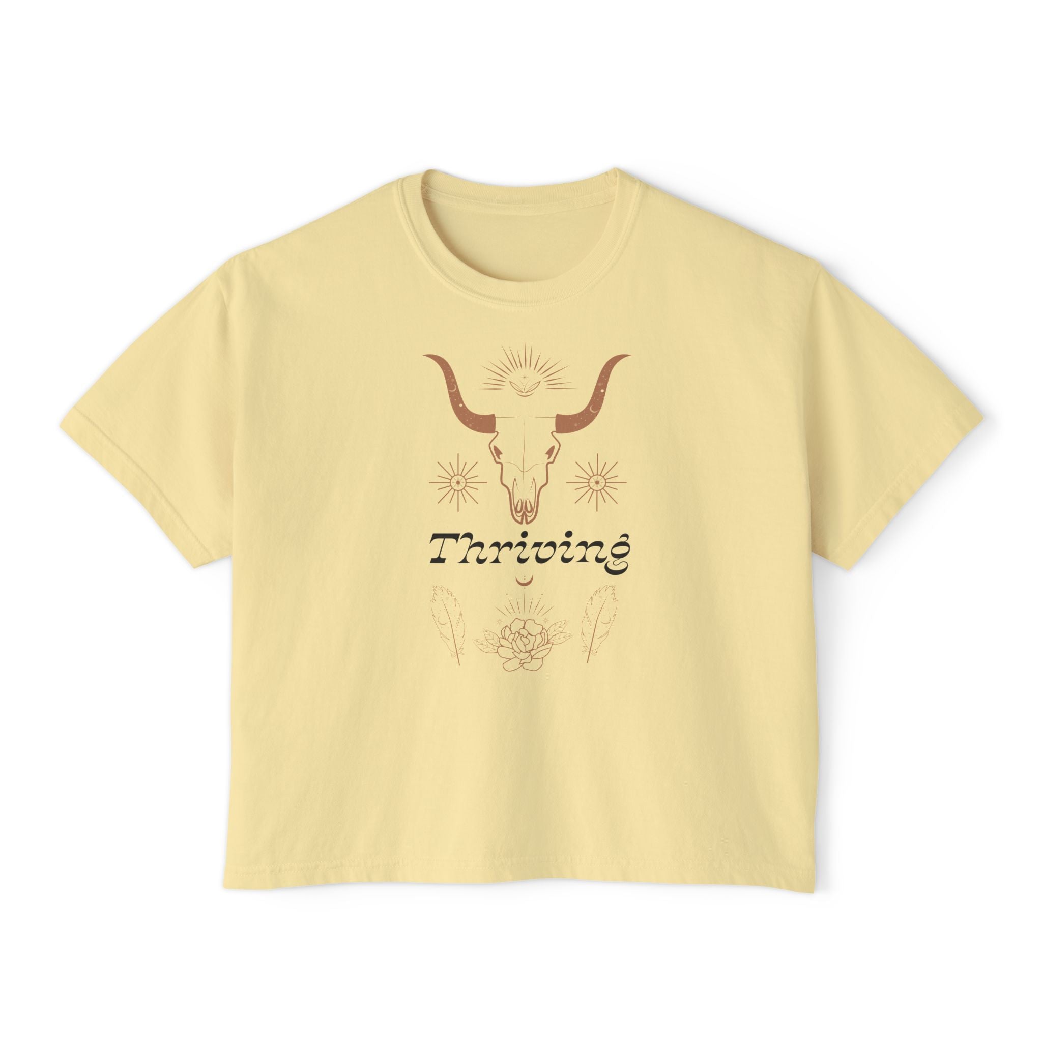 Women’s Boxy Tee — Southwestern Bull Skull “Thriving” Graphic