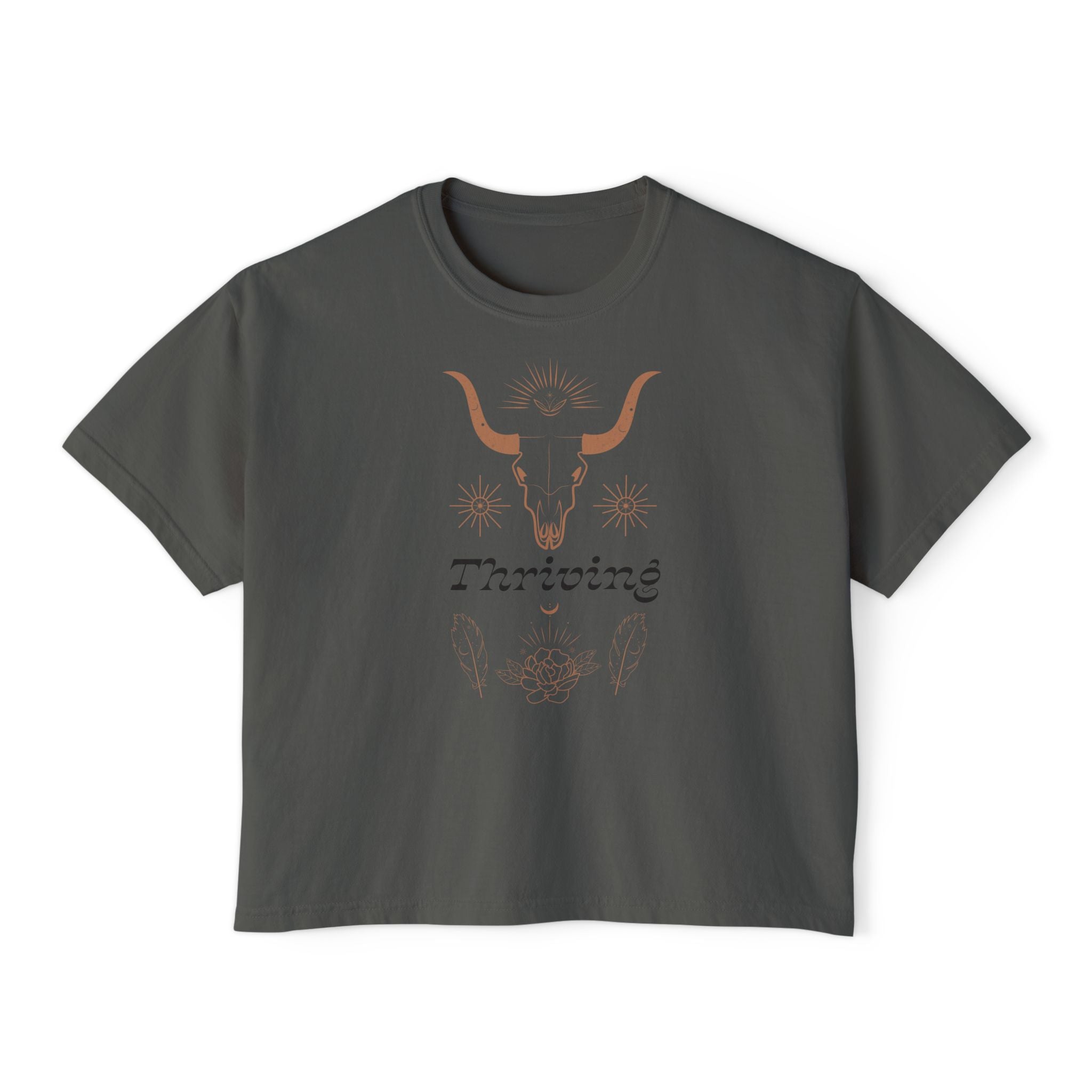 Women’s Boxy Tee — Southwestern Bull Skull “Thriving” Graphic