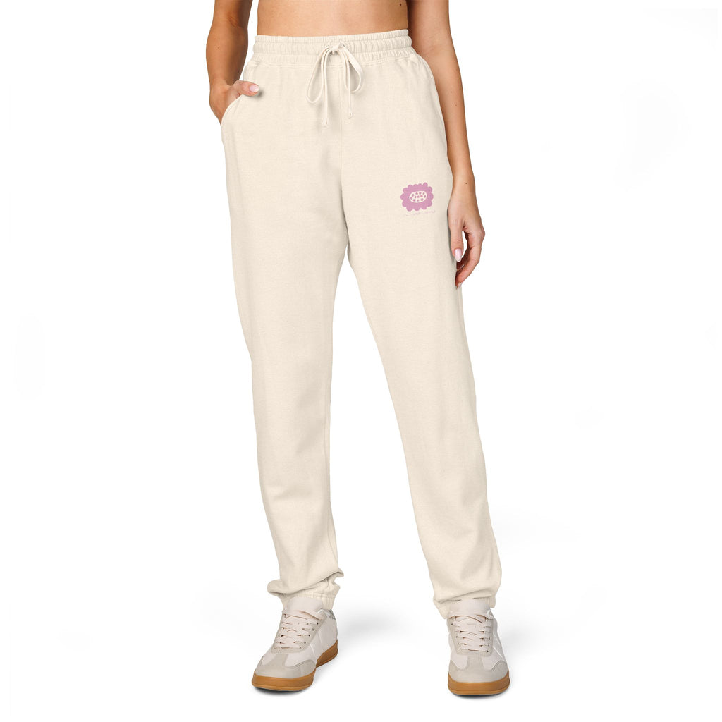Embroidered Pink Flower Sweatpants — Cozy Garment-Dyed Fleece Joggers