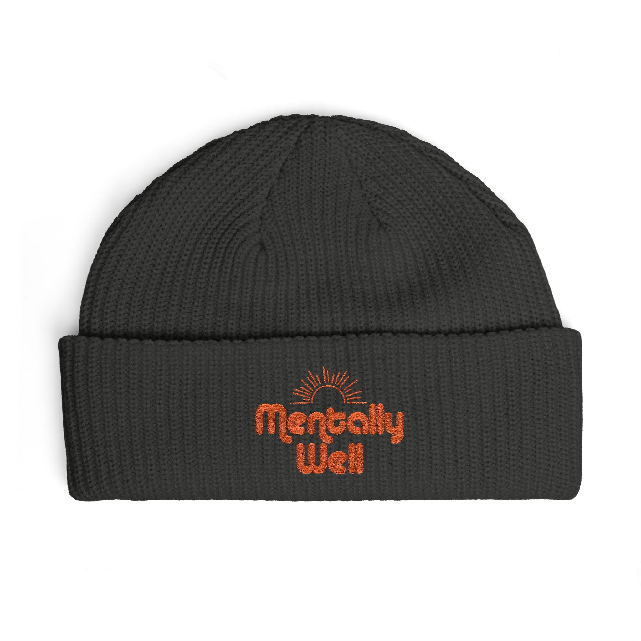 Cuff Beanie — "Mentally Well" Embroidered Knit Hat (Sunrise Design)