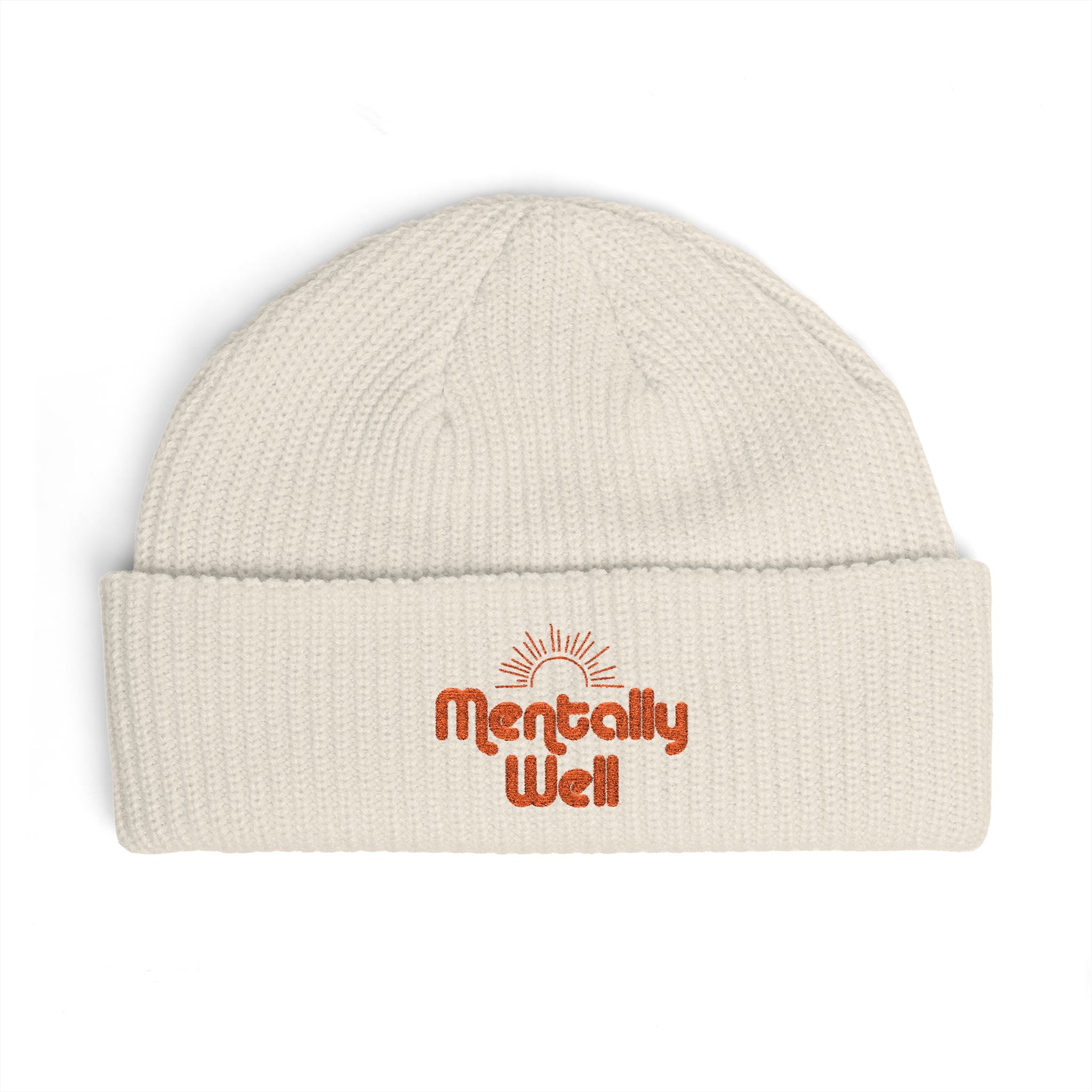Cuff Beanie — "Mentally Well" Embroidered Knit Hat (Sunrise Design)