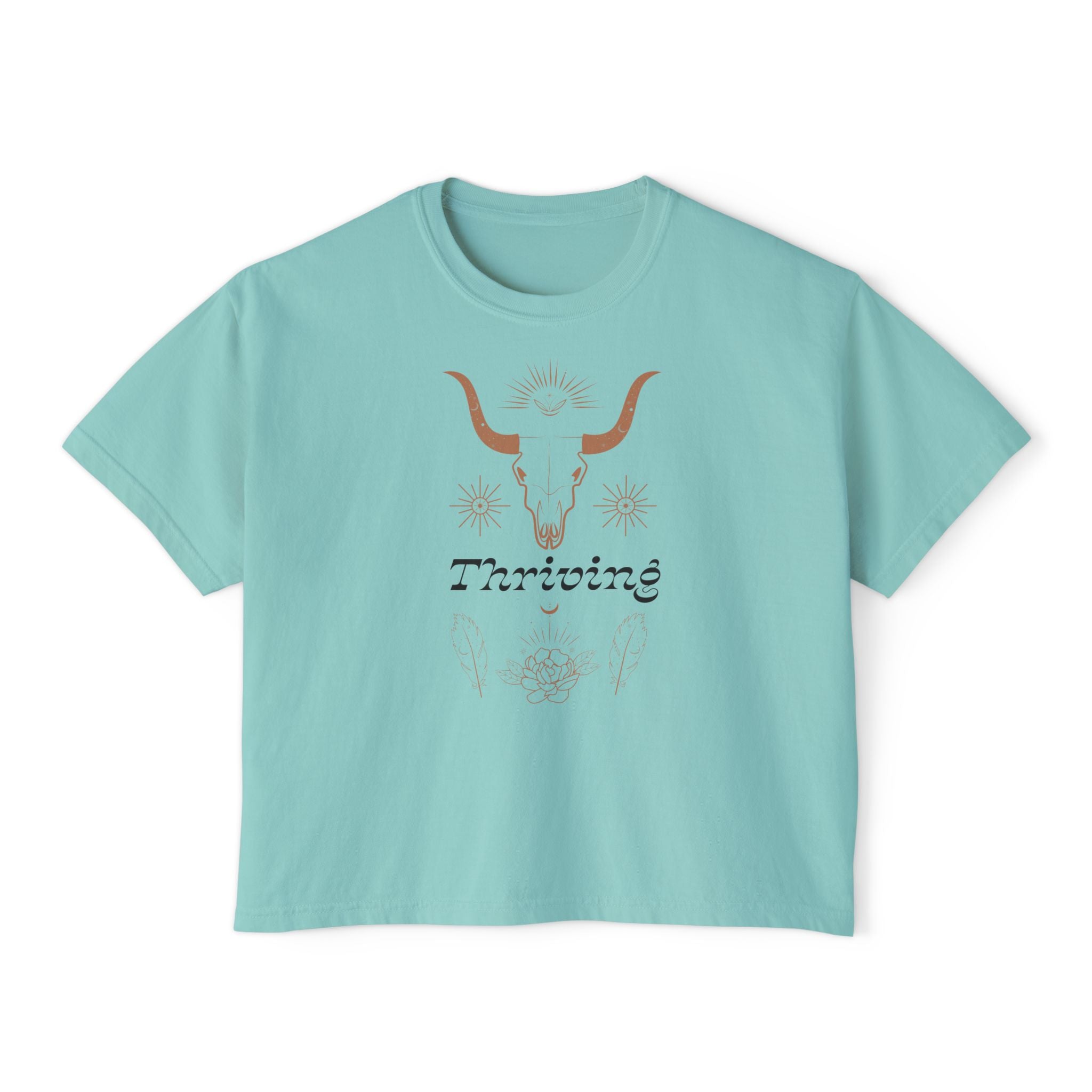 Women’s Boxy Tee — Southwestern Bull Skull “Thriving” Graphic
