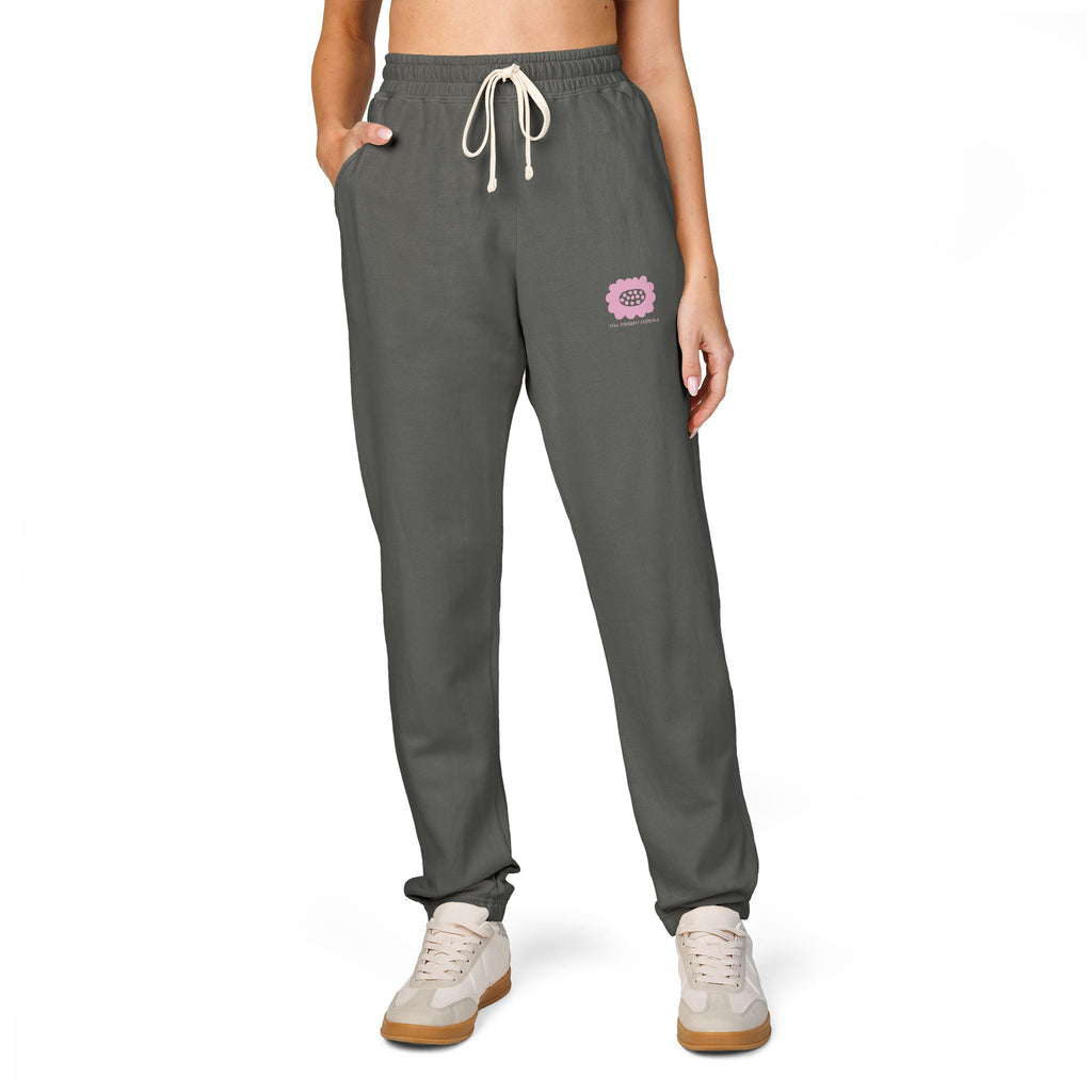 Embroidered Pink Flower Sweatpants — Cozy Garment-Dyed Fleece Joggers