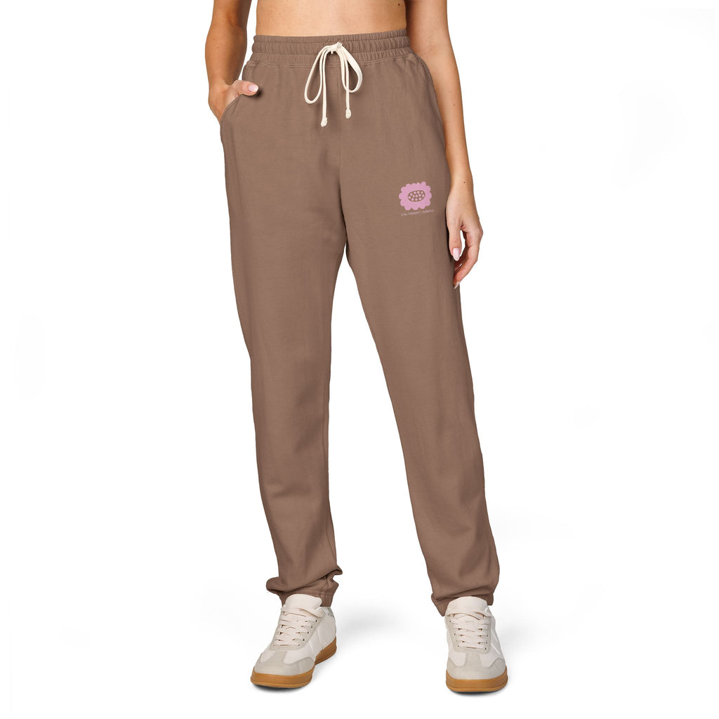 Embroidered Pink Flower Sweatpants — Cozy Garment-Dyed Fleece Joggers
