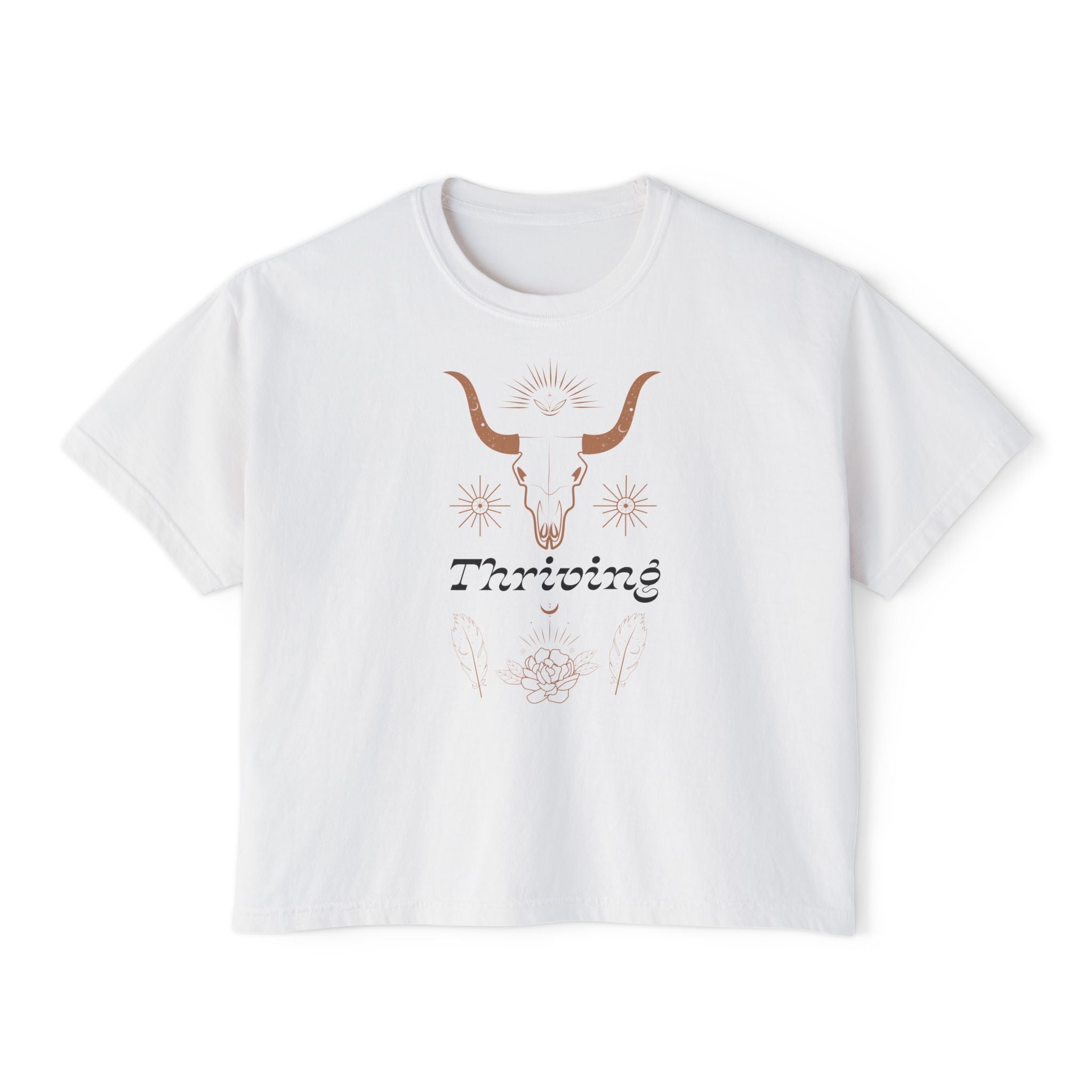 Women’s Boxy Tee — Southwestern Bull Skull “Thriving” Graphic