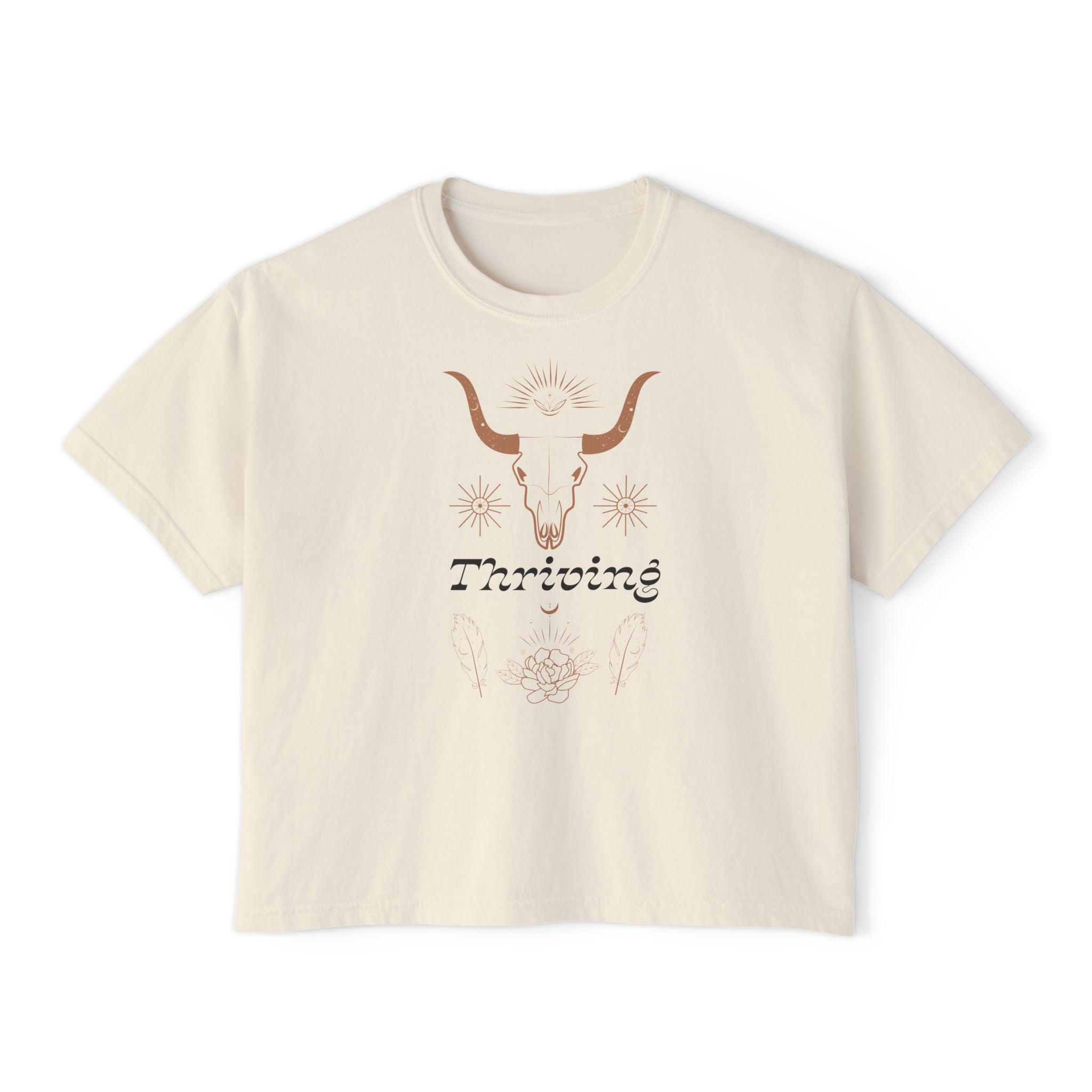 Women’s Boxy Tee — Southwestern Bull Skull “Thriving” Graphic